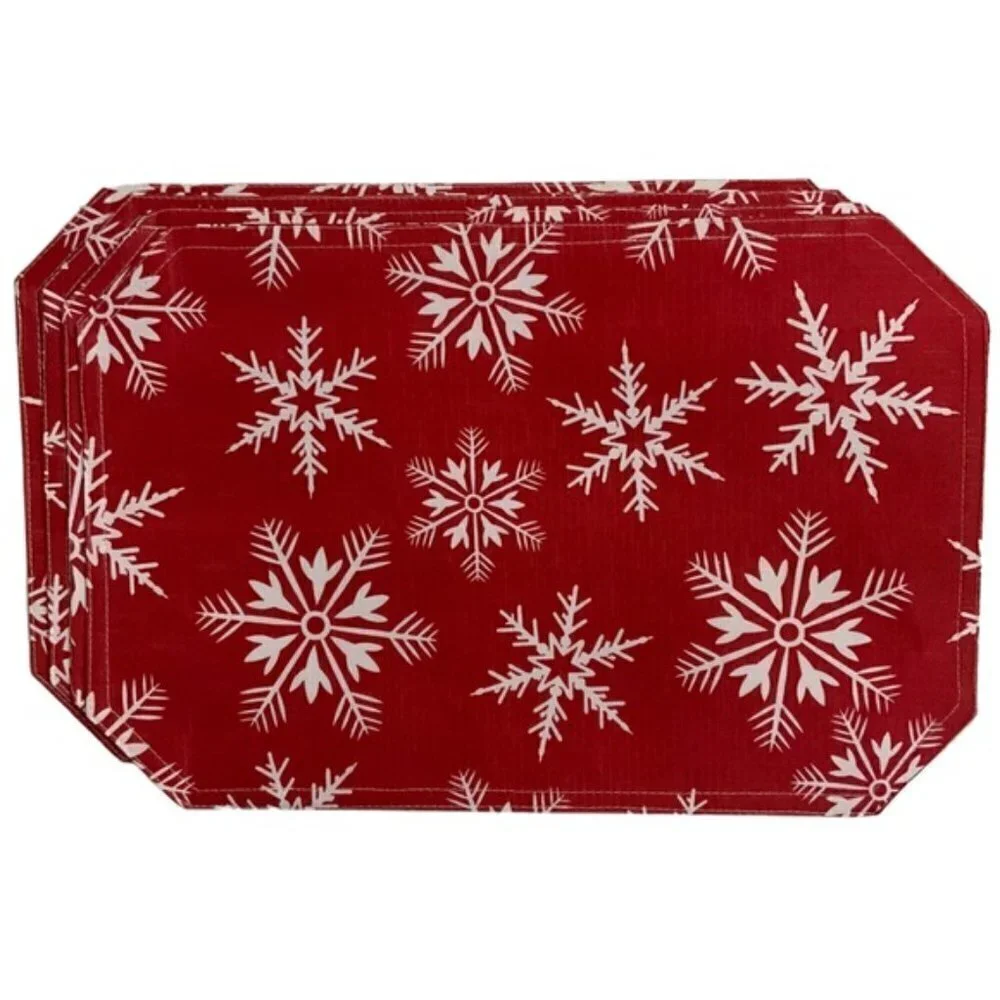 Winter Placemats Reversible Linen Print Holiday Christmas Snowflake Red White